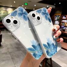 Carcasa Protectora Transparente Anti-Amarillamiento para iPhone 17 Pro Max/16/15/14/13/12/11-Funda de Bordes Rectos y Duros-Ultra Delgada, Antiarañazos-Alta Resistencia -Diseño Sencillo  Patrón floral azul y dorado-Ideal para Verano y Regalo - transparente - Ver 6