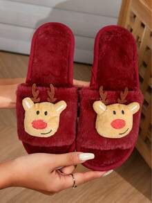 Women's Christmas Deer Pattern Fluffy Slippers, Cozy Plush Open Toe Indoor House Slippers For Women, Recommend Ordering One Size Up For Autumn/Winter - Red - View 9