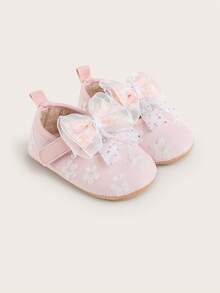 女婴公主蕾丝蝴蝶结软底学步鞋，0-1岁幼儿学步鞋，3-12个月新生儿鞋，春秋季 - 粉色 - 查看 4