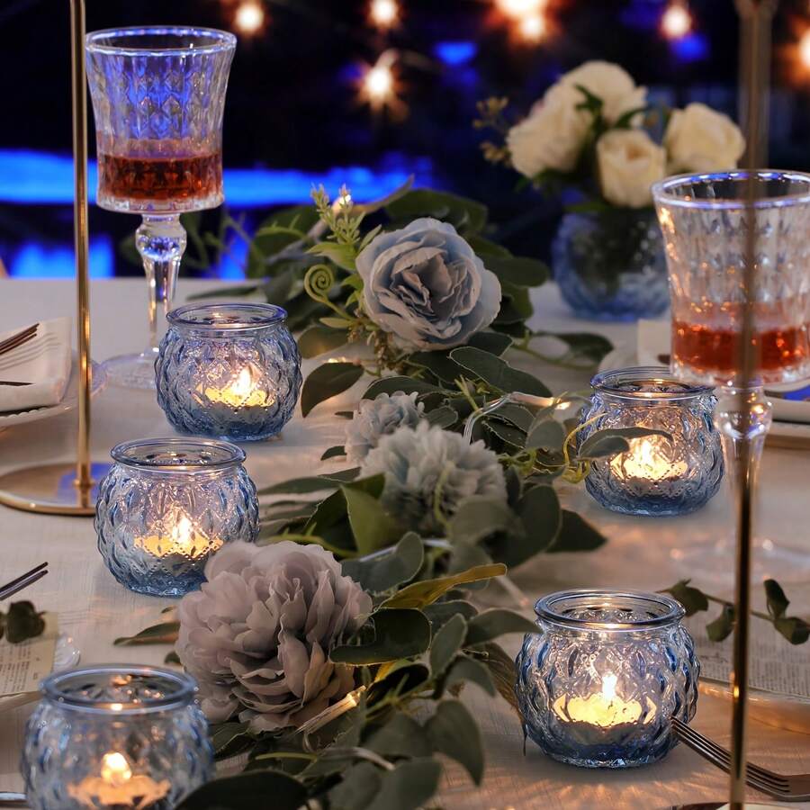 6-Piece Blue Prayer Candle Holder Set-Green Glass Tea Light Holders, Vintage Prayer Candle Holders For Weddings, Baby Showers, Home Decor, Thanksgiving, And Christmas - 藍色 - 查看 1