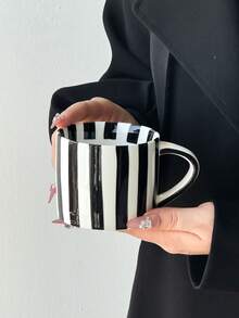1pc Striped Ceramic Coffee Mug, Minimalist European Style Ceramic Mug, Mug, Water Cup, Household Breakfast Milk Cup, Juice Cup, Afternoon Tea Cup, Saudi Coffee Cup, Espresso Cup, Gift Cup - Multicolor - View 15