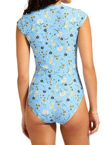 Women's Summer Romper Swimwear Short Sleeve Zip Up Flower Print Monokini Swimsuit - 淺藍色 - 查看 2