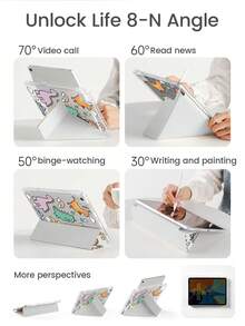 这款精美可爱的卡通恐龙、云朵和花朵双面彩绘亚克力透明水晶后盖，防震耐用，适用于iPad第七代、第八代（10.2英寸）和第十代。它内置笔槽，支持睡眠/唤醒功能以及多种折叠支架方式。是节日送礼佳品。 - 彩色 - 查看 6