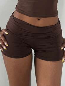 Women's Summer Fold Over Shorts Solid Color Low Rise Ruched Bodycon Short Pants Y2k Lounge Shorts Foldover Cute Pajama Micro Bottoms Mini Shorts Sleepwear - 棕色 - 查看 1