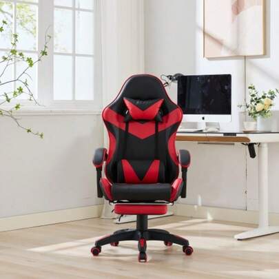 Ergonomic Gaming Chair With 360° Swivel, Racing Design, Leather Upholstery, High Backrest, Adjustable Height, Footrest, Headrest, And Lumbar Support For Office And Gaming. Black And Red.