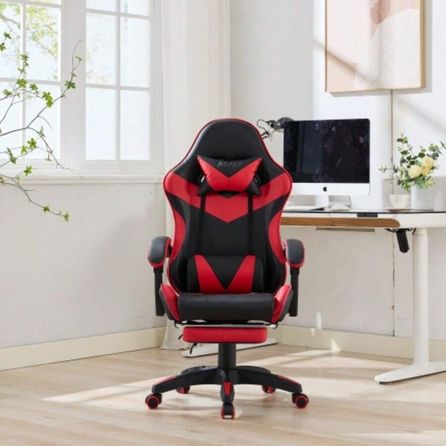 Ergonomic Gaming Chair With 360° Swivel, Racing Design, Leather Upholstery, High Backrest, Adjustable Height, Footrest, Headrest, And Lumbar Support For Office And Gaming. Black And Red. - Black + Red - View 1