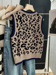 女士休闲宽松圆领无袖针织上衣，适合冬季穿着，饰有撞色滚边和豹纹印花。完美适合秋冬季节穿着，也适合外出穿着。女士毛衣 - 豹紋 - 查看 4
