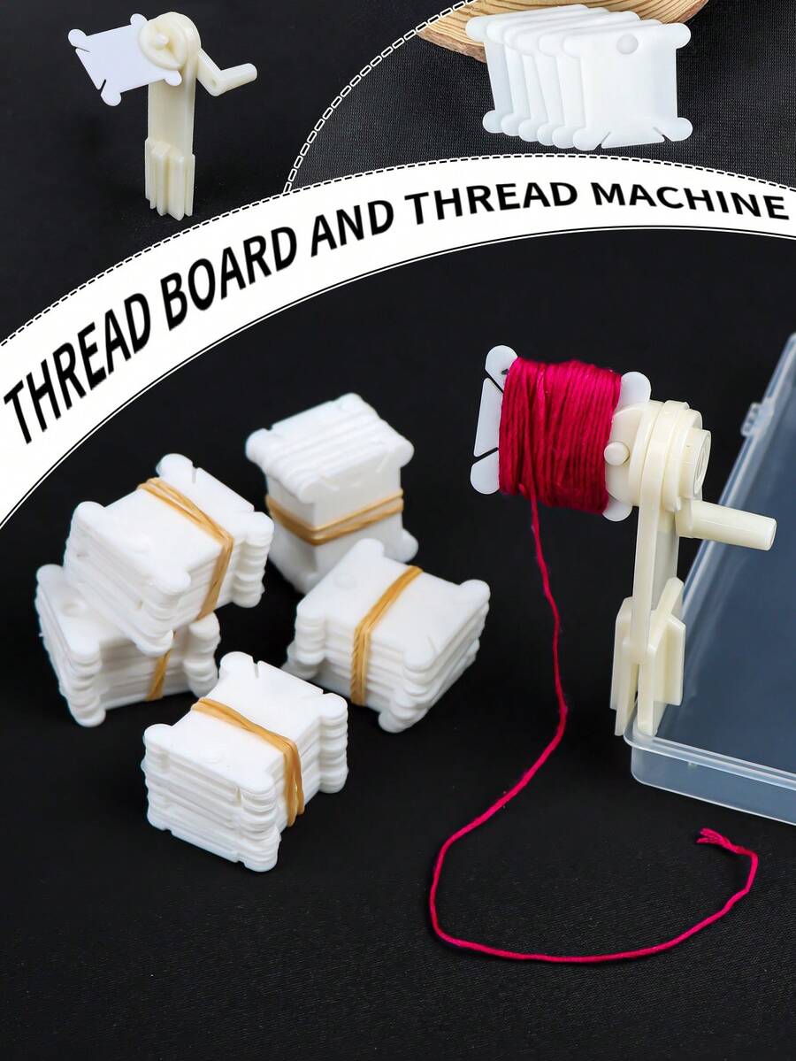 一套白色DIY手工刺绣十字绣绕线工具套装，包含1个绕线器和50或100个绕线轴。