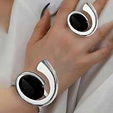 1set Fashion Exaggerated Pearl Inlaid Metal Bracelet & Ring Jewelry Mini Suit For Women, Perfect Gift - Antique Silver - View 5