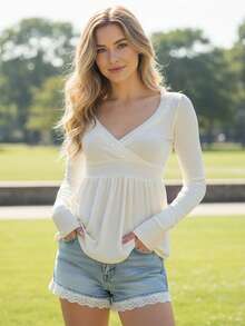 Women's Fall Peplum Tops Fashionable Casual Solid Color Long Sleeve V Neck Ruffle Hem Shirts - White - View 5