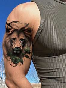 1pc Lion Rose Flower Waterproof Temporary Tattoo Sticker, Sexy Body Art Tattoo For Women On Waist And Thigh, Colorful Lion Design Paper Tattoo For Arm, Leg, Waist, Back, Realistic One-Time Fake Tattoo Sticker