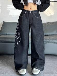 1件装女士复古美式街头风刺绣阔腿牛仔裤，宽松舒适，高街时尚休闲裤，四季皆宜（不含腰带/配饰） - 黑色 - 查看 4