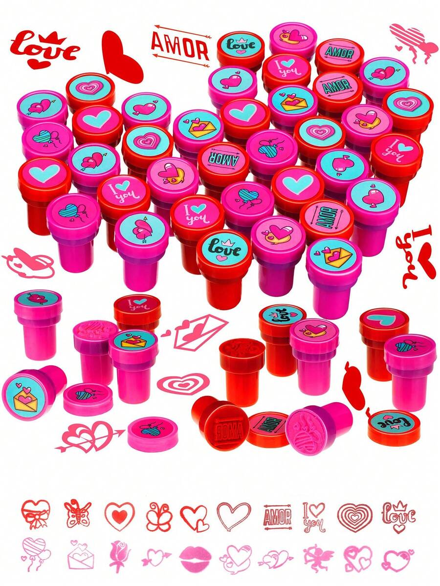 20pcs - Valentine's Day Stamp Set, Vibrant Plastic Material, 20 Different Patterns. Stamp Designs Include Hearts, Butterflies, LOVE Letters, Roses, Kisses, Etc. Ideal For Valentine's Day, Valentine's Party Favor Bags, Prizes, Christmas Stocking Stuffers, And Party Favors (Valentine's Theme). - Multicolor - View 1