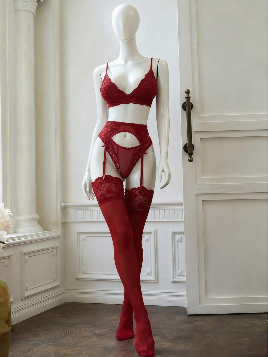 花卉蕾丝吊袜带内衣套装 - 紅色 - 查看 1