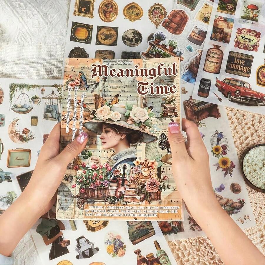 Large 24 Sheets Pre-Cut Journal Sticker Book For Junk Journal Supplies, 452pcs Vintage Washi Stickers For Journaling, ScrapbooFKing, Collage Materials, Bujo, Planners, Art Crafts,RetroTime - RetroTime - 查看 1