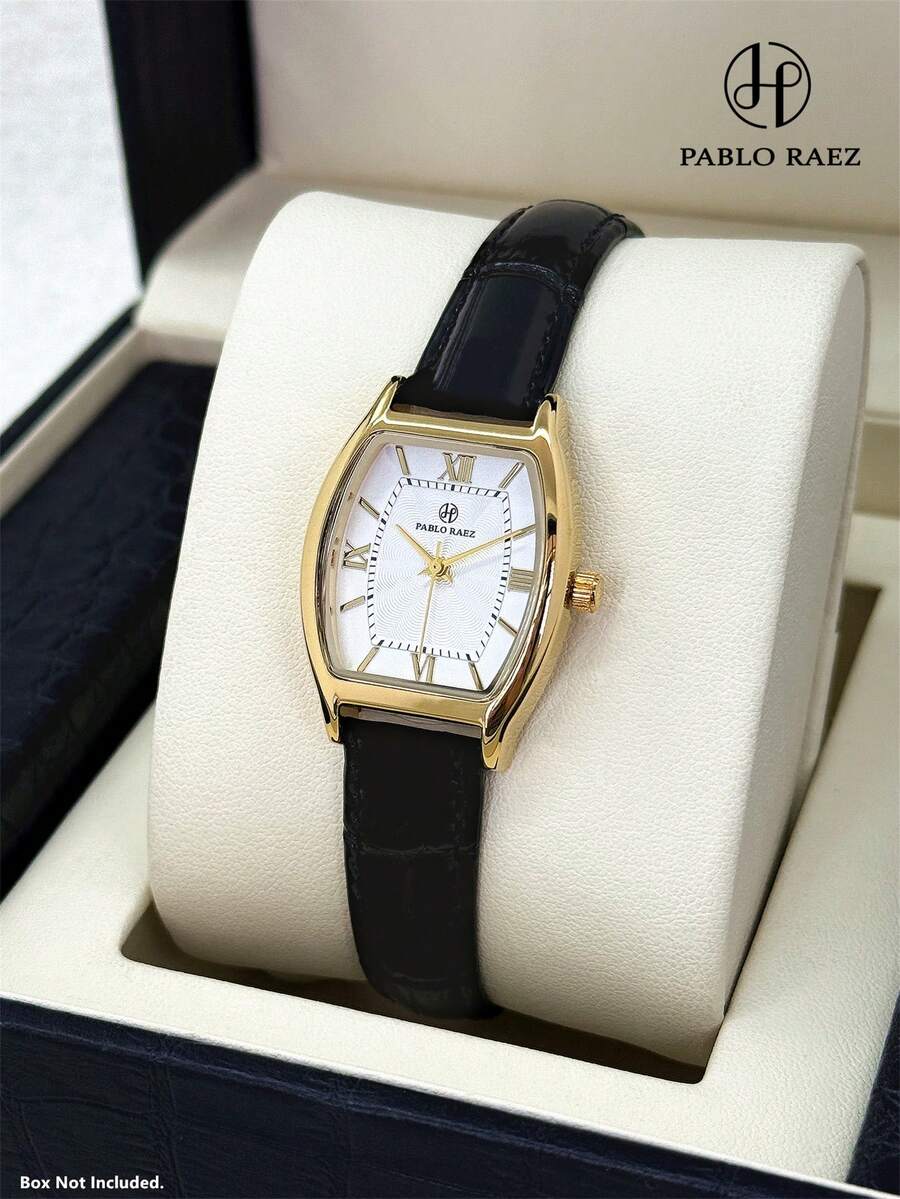 Pablo Raez 1件 18K金女款手錶，新款頂級珠寶桶形不鏽鋼女士手錶，小巧可愛，奢華桶形配件，原創迷人手錶，50米防水，羅馬數字顯示，女款休閒時尚石英手錶，黑色超細纖維PU皮革錶帶，真實指甲紋路，白色錶盤，女款復古高級手錶，適合老師禮物、女朋友、派對裝飾、畢業、婚禮禮物，熱門款式