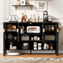 MERAX 55.1''Storage Sideboard With 4-Doors,Multi Functional Buffet With Open Shelf And 2-Tiers Adjustable Shelves,Modern Cabinet With Double Hooks,Suitable For Living Room, Hallway, Dining,Office, Black - 黑色 - 查看 2