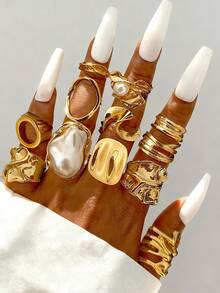 Set 3 buah cincin logam bergaya bohemian elegan vintage dengan desain mutiara bergelombang asimetris untuk wanita, cocok untuk pemakaian sehari-hari dan pesta, dapat ditumpuk, hadiah. - Emas 2 - View 8