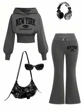 女童字母印花保暖连帽卫衣和喇叭裤套装