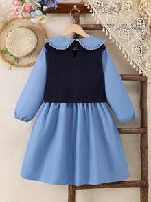 Tween Girls' Collegiate Style Embroidered Peter Pan Collar 2 In 1 Long Sleeve Patchwork Dress - Blue - View 2