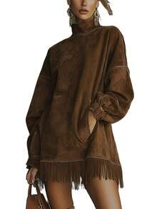 2 High-Necked Suede Fringed Dress With Loose Long Sleeves And Pocket Design. Three-Dimensional Cut Shape Bohemian Style. Fall/Winter Relaxed And Fashionable Item. Fashionable Women's Outerwear. Christmas Gift. . - 棕色 - 查看 3