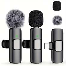 Microphone cài áo không dây với quả cầu lông chống gió, -Micro không dây USB Type-C dành cho điện thoại thông minh/máy tính bảng/máy tính xách tay, ghi âm cắm là chạy cho podcast, vlog, phỏng vấn video, - (Tương thích với điện thoại thông minh và máy tính), Hệ thống microphone cài áo không dây với ghi âm một chạm, thiết kế kẹp, đầu nối USB Type-C, hướng thu đa hướng, dùng cho phát trực tuyến - màu đen - Xem 2