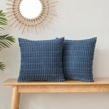 Volcanics Pack Of 2 Corduroy Decorative-Throw-Pillow-Covers-18x18, Soft Striped Square Cushion Cases, Modern Farmhouse Boho Home Decor, Blue,18inchx18inch(Packof2),Blue - Blue - 查看 4