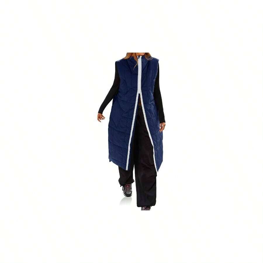 - Chaleco largo acolchado para mujer, ligero, sin mangas, para invierno, con abertura lateral, abrigos plegables - Azul marino + CH - Ver 1