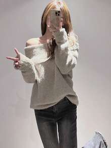 Y6Y 新款秋冬女式宽松灰色套头长袖毛衣 - 淺灰色 - 查看 5