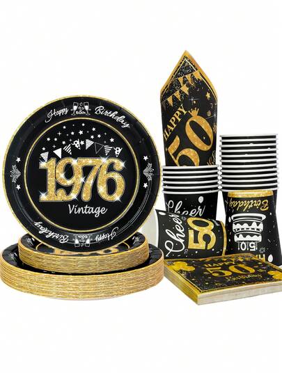 10pcs/20pcs/50pcs/80pcs 50th Birthday Plates Cups And Napkins Black And Gold Back In 1976 Birthday Party Decorations Supplies For Women Men Cheers To 50 Years Disposable Tableware Set
