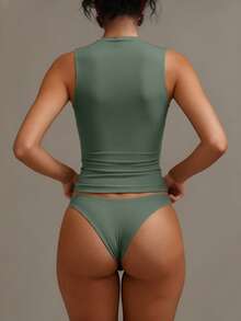 XLLAIS Áo lót cổ tròn không tay màu trơn, hai lớp co giãn, dáng ôm. - màu xanh lá - Xem 3