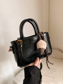 Autumn/Winter New Vintage Oiled Leather Burgundy & Black Handbag, Small Crossbody Bag For Women With Plush Pendant, Suitable For Daily Use, Shopping, Dating, Gift, Zipper Closure, Practical Phone Pouch, Letter Pattern Versatile Square Bag - Multicolor - View 13