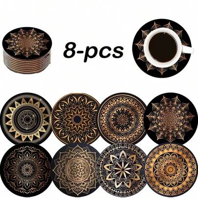 8pcs/Set Mandala Coasters - Waterproof Wooden Art Design, Non-Slip For Bar/Office/Home, Essential For Christmas Party Decor (3.94x3.94 Inches), 1 Set Of 8, 200 Sets Of 1600 Pieces
