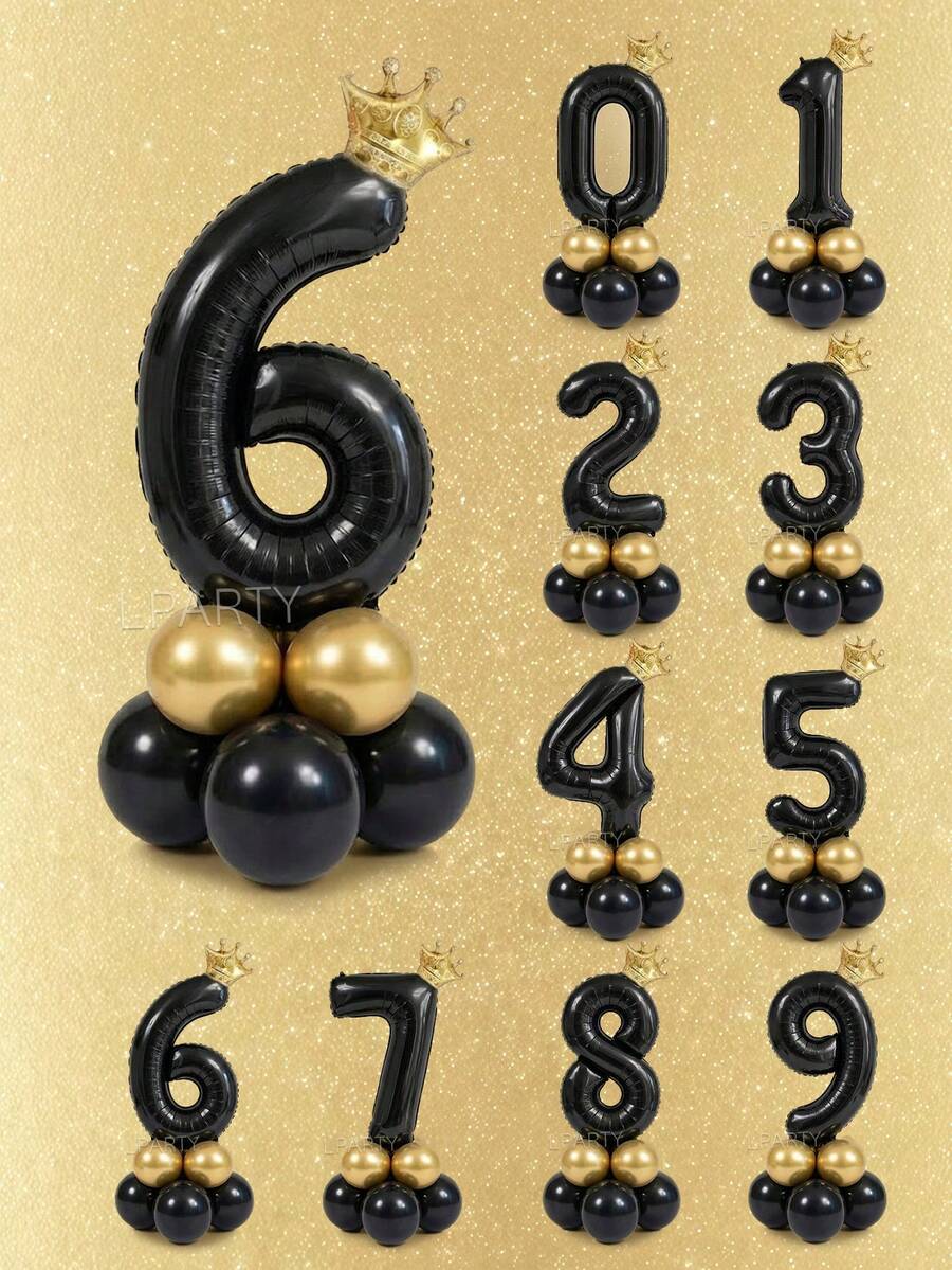 10件組 32英吋黑色數字0-9生日派對裝飾氣球套組，迷你金色皇冠鋁箔氣球，10英吋金屬色金色乳膠氣球，5英吋黑色乳膠氣球，黑金奢華高級風 - 彩色 - 查看 1
