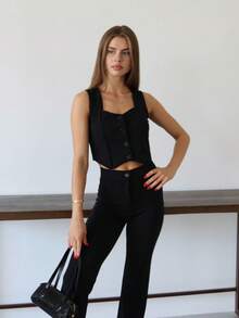 Two Pieces Suit Chic Black Cropped Vest & High-Waist Trousers Set - Black - View 4