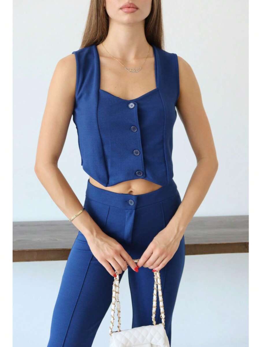 Two Pieces Suit Chic Black Cropped Vest & High-Waist Trousers Set - Blue - View 1