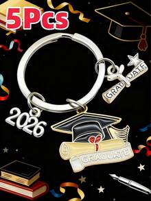 5 piezas Llavero unisex de graduación 2025-2026, llavero de gorra de graduación de aleación con forma de gota de aceite, regalo de recuerdo de ceremonia de graduación, colgante para mochila y bolso