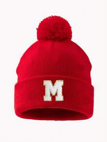 1pc Women's Fashion A-Z Letter Fuzzy Pom Pom Knit Beanie Hat, Suitable For Autumn/Winter Daily Warmth And Outfits - Red - View 15