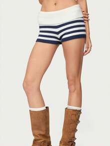 Women's Striped Knit Shorts, Versatile Slim-Fit Striped Shorts For Women - Màu xanh hải quân - Xem 4