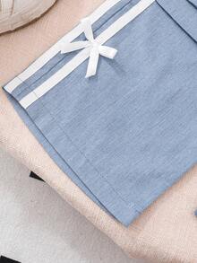 2pcs Girls Kids Fashion Casual White Textured Fabric Sweatshirt With Blue Bow Accent & Flare Leg Blue Pants Set, Suitable For Party, Casual, Vacation, Everyday Wear, Spring & Autumn - Blue - View 8