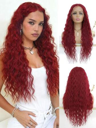 Burgundy Deep Wave Lace Front Wig Long Curly 13*4 Lace Front Synthetic Wigs Natrural Hairline Kinky Curly Synthetic Lace Frontal Wigs Heat Resistant Fiber Daily 24 Inch