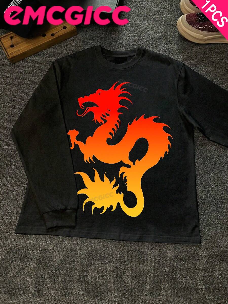 EMCGICC Manfinity Y2k Long Sleeve Shirts ,Graphic T Shirt Cotton 250g,Fashionable Hip-Hop For Men -  Long Sleeve T-Shirts, Funny Vintage Shirts,Regular Fit, Street Style, Digital Print,  Ideal Gift - 黑色 - 查看 1