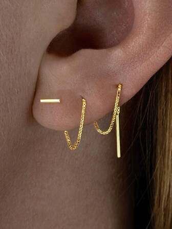 1Pair 925 Sterling Silver Thread Earrings, Pull Through Earring, Double Piercing Earring Chain, Ear Thread, Bar Threader Earring, Ear Chain Two Hole Piercing Multiple