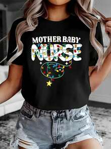 100 Cotton Women Christmas T-Shirt Mother Baby Nurse Christmas Postpartum Nursing NP RN T-Shirt - 黑色 - 查看 1
