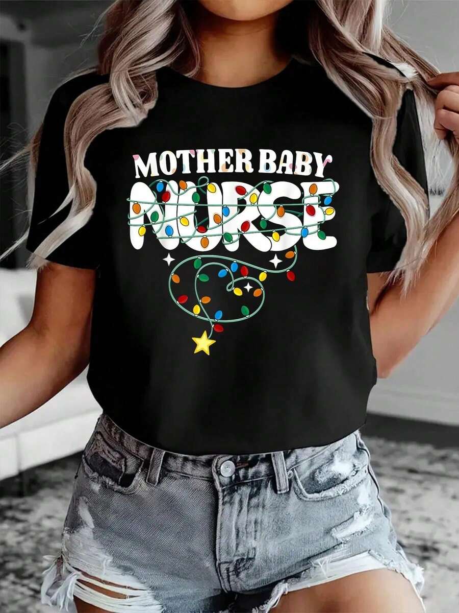 100 Cotton Women Christmas T-Shirt Mother Baby Nurse Christmas Postpartum Nursing NP RN T-Shirt - màu đen - Xem 1