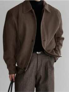 男士高品质厚重翻领羊毛混纺短款夹克，美式复古休闲时尚轻薄风衣，适合春秋冬季 - 棕色 - 查看 1
