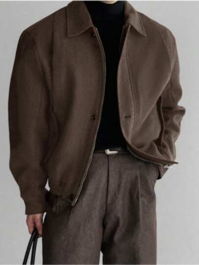 男士高品质厚重翻领羊毛混纺短款夹克，美式复古休闲时尚轻薄风衣，适合春秋冬季