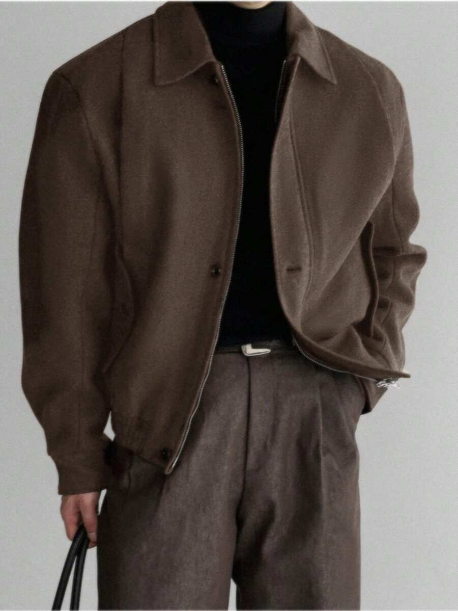 男士高品质厚重翻领羊毛混纺短款夹克，美式复古休闲时尚轻薄风衣，适合春秋冬季 - 棕色 - 查看 1