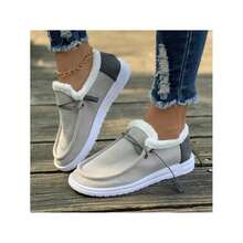 2025 Winter Plush Shoes For Women Faux Fur Lined Warm Loafers Booties Casual Lace Up Comfoter Ankle Boots Fuzzy Slip On Canvas Shoes - Grey - View 4