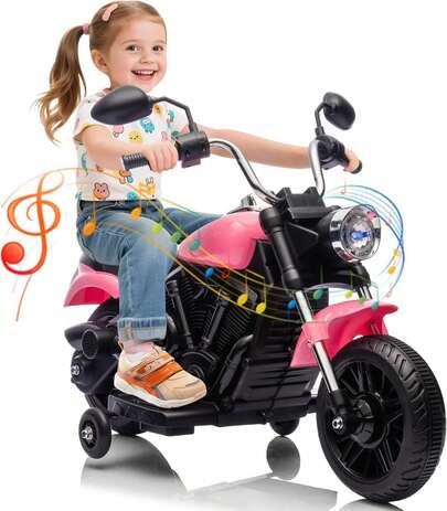 Dragonpad Kids Ride On Motorcycle With 3 Wheels, Motorcycle With Detachable Training Wheels, Reverse, Horn, Music, Headlight, 12V Electric Battery Powered Ride On Toy For Toddler Boys Girls Ages 3-5